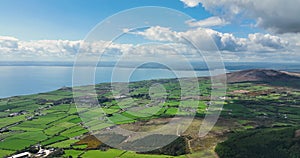 Aerial video of Barnevave Slieve Foye Mountains Glenmore Valley Cooley Peninsula Carlingford Lough Louth Irish Sea Ireland