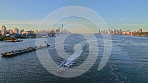 Aerial video of boat in Hudson River, New York, USA
