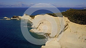 Aerial video of Cape Drastis at Corfu island in Greece. Picturesque coast of Corfu island. Beautiful sea landscape.