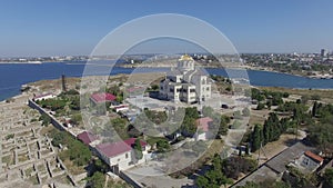 Aerial video of Chersonesos in Sevastopol, Fog bell and Vladimir Cathedral.