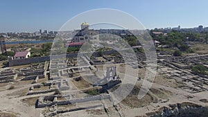 Aerial video of Chersonesos in Sevastopol, Fog bell and Vladimir Cathedral.