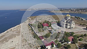 Aerial video of Chersonesos in Sevastopol, Fog bell and Vladimir Cathedral.