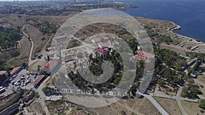 Aerial video of Chersonesos in Sevastopol, Fog bell and Vladimir Cathedral.