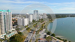 Aerial video condominiums on Gulfstream Avenue Sarasota Florida USA