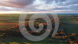 Aerial video establishing shot of countryside in Oxfordshire at dusk