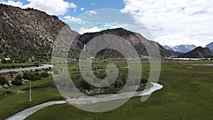 An aerial video of a farm in Tibet, China, with beautiful plateau scenery