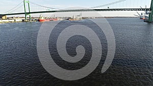 Aerial Video Flying Low on the Delaware River Towards Walt Whitman Bridge Philadelphia