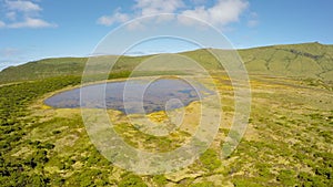 Aerial video footage of the lake branca,volcano in azores, Fayal, Portugal