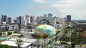 Aerial video Fort Lauderdale water tower with downtown towers in background