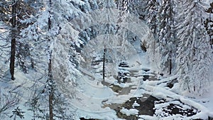 Aerial Video of frozen forest river Pescherka near waterfall in winter season