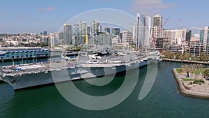 Aerial video of the historic aircraft carrier USS Midway in San Diego Bay