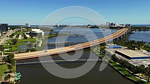 Aerial video International Speedway Boulevard Daytona over the Halifax River