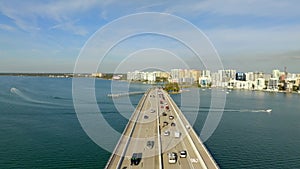 Aerial video John Ringling Causeway heading to Downtown Sarasota Florida USA