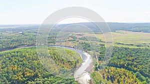 Aerial video of mountains, mountain river and summer forest