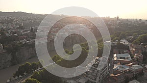 Aerial video. Old Tbilisi center from above. Drone top view on historical part of city. Kura or Mtkvari river below