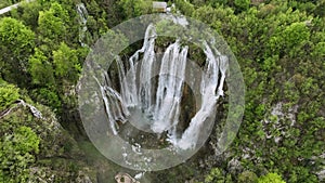 Aerial video of Plitvice national park with lakes and waterfalls