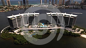 Aerial video Prive Island Aventura luxury waterfront condos. 5k drone clip