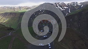 Aerial video from the quadcopter of the circular panorama of the mountains and Village of Mestia, Svaneti