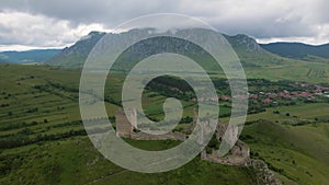 Aerial video of the ruins of Trascau medieval citadell in Romania