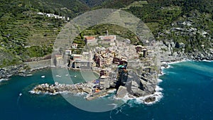 Aerial video shooting with drone on Vernazza one of the famous Cinqueterre