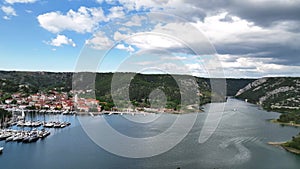 Aerial video with a small village at the Adriatic coast