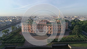 Aerial video of St. Michael`s Castle in Saint Petersburg, Russia. Morning, soft light.