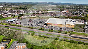 Aerial video of Tesco Superstore in Ballymena Co Antrim Northern Ireland