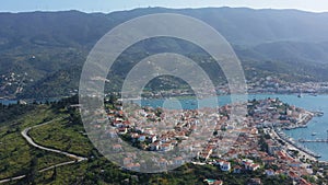 Aerial video view of Poros Greece. Sunny day in Greek island.