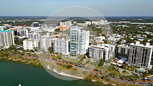 Aerial video waterfront condominiums Sarasota Florida