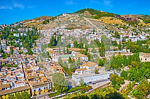 Aerial vie on Albaicin and Sacromonte districts of Granada, Spain