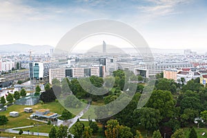 Aerial Vienna city panorama from Vienna Ferris wheel in Wurstelprater, Austria. Skyline view