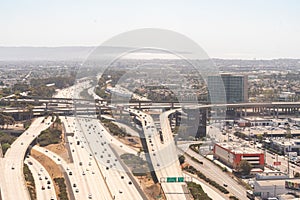 Aerial view of the 105 and 405 interchange and the Airport courthouse by LAX