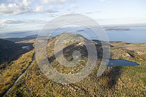 Aerial view of 1530 foot high Cadillac Mountain, Porcupine Islands and Frenchman Bay, Acadia National Park, Maine