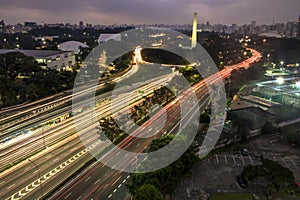 Aerial view of 23 de Maio Avenue and Ibirapuera park at night