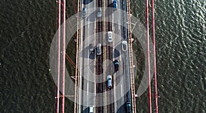 Aerial view of 25th April Bridge in Lisbon, Portugal. Famous landmark on river Tagus.