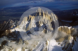 Aerial view at 3400 meters of Mount Fitzroy, Cerro Torre Range and Andes Mountains, Patagonia, Argentina