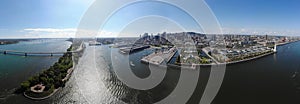 Aerial view 360 panorama Montreal old port with urban architectures.