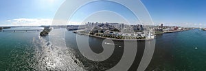 Aerial view 360 panorama Montreal port, bridge Concorde and bridge Jacques Cartier