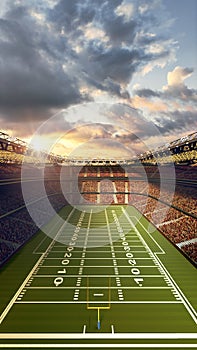 Aerial view. 3D render of open air American football empty stadium with blurred tribunes with fans and cloudy sky
