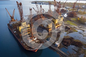 aerial view of abandoned dockyard with rusted cranes