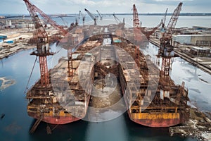 aerial view of abandoned dockyard with rusty cranes