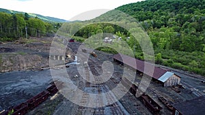 Aerial View of an Abandoned Narrow Gauge Coal Rail Road with Rusting Hoppers