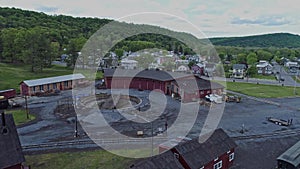 Aerial View of an Abandoned Narrow Gauge Coal Rail Road with Rusting Hoppers and Freight Cars