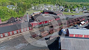 Aerial View of an Abandoned Narrow Gauge Coal Rail Road with Rusting Hoppers and Freight Cars