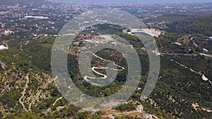 Aerial view of an abandoned ruins, part of dead town in the province of Spain. Clip. Flying over ancient archaeological