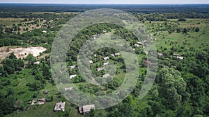 Aerial view abandoned village in the resettlement zone in the Polessky Radiological Reserve. Ecological problem concept