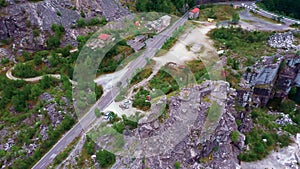 Aerial view of an abandoned white marble quarry in Carrara, Italy.