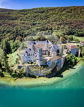 Aerial view of Abbey of Hautecombe, or Abbaye d& x27;Hautecombe, in Savoie, France
