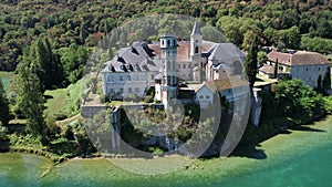 Aerial view of Abbey of Hautecombe, or Abbaye d'Hautecombe, in Savoie, France