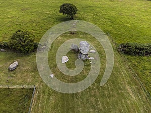 An aerial view above the ancient burial chamber at Pentre Ifan in the Preseli hills in Pembrokeshire, Wales